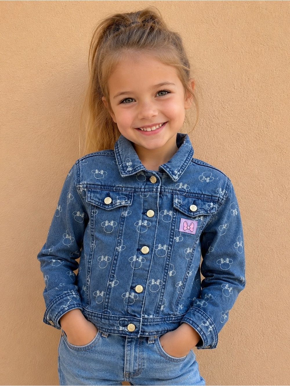 Official Disney Minnie Mouse Denim Jacket Girls 5 Blue Bow Print 100% Cotton